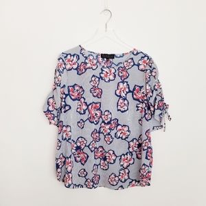 Eloquii Striped Floral Ruched Sleeve Blouse